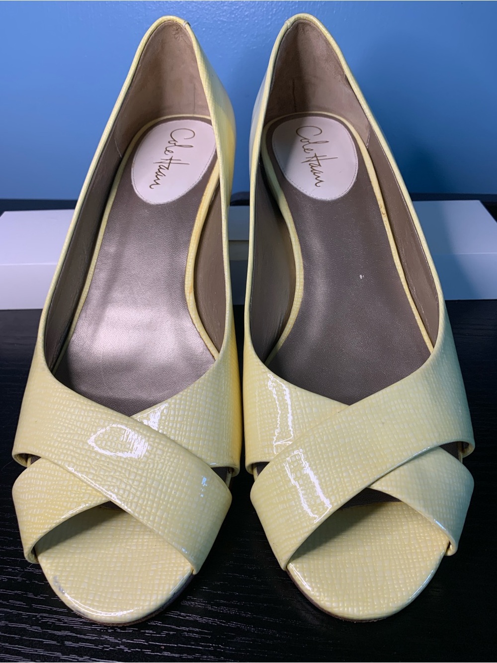 Cole Haan Vintage Pale Yellow patterned Patent Peep-Toe Heels